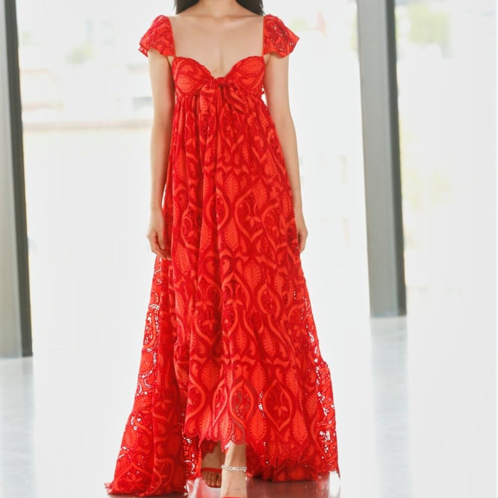 Badgley Mischka- Red and Orange Sweetheart Maxi Eyelet Gown- NWT Size 8